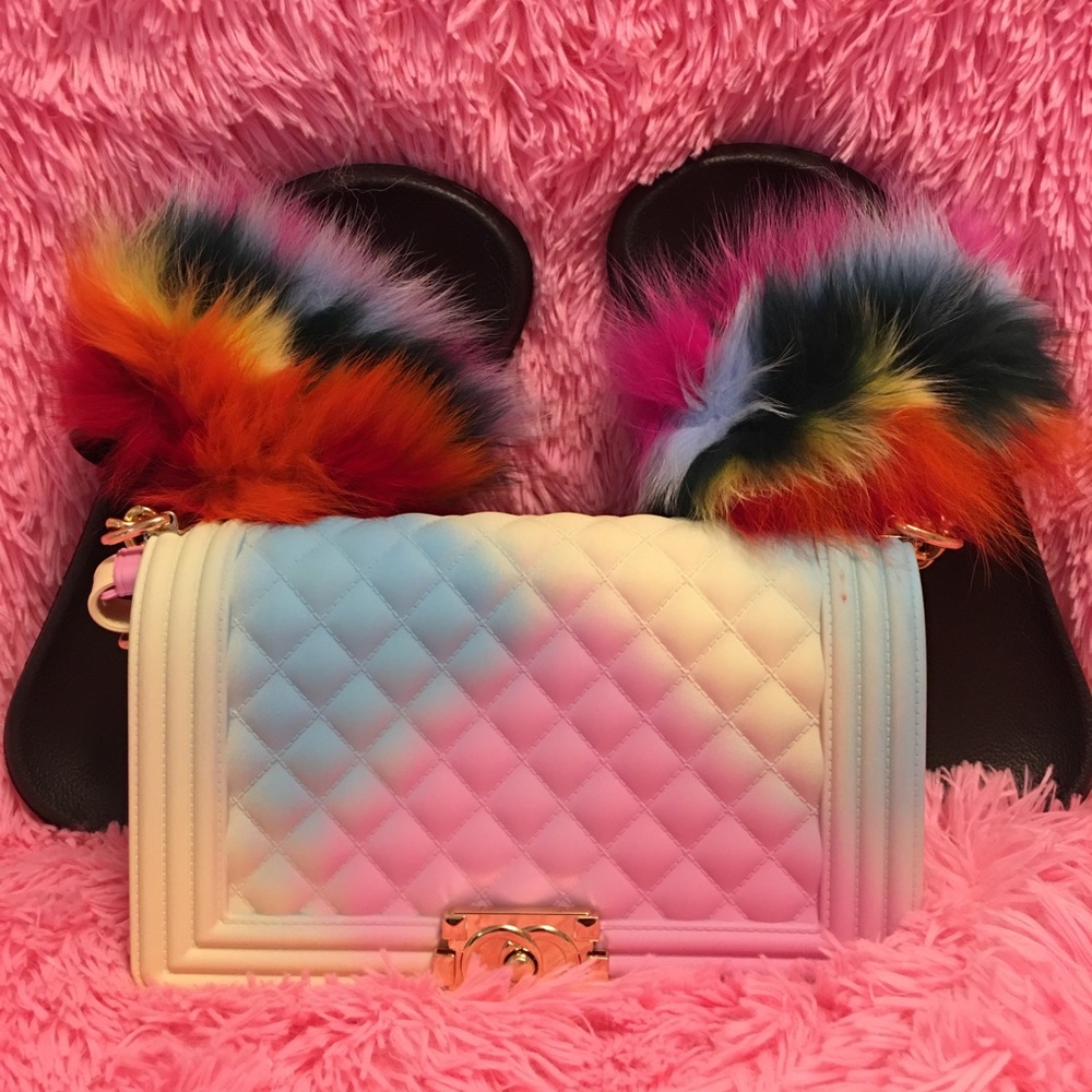 Furry slippers with matching purse